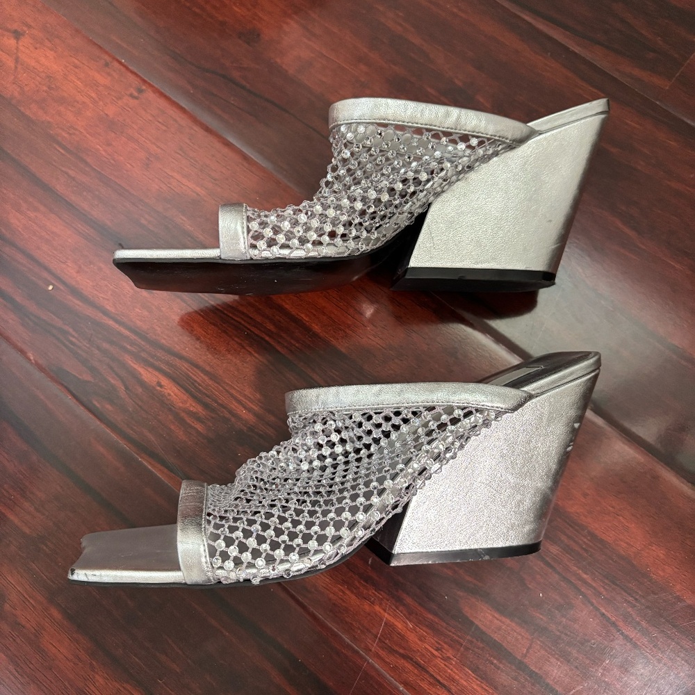 Stella McCartney Crystal Mesh Metallic Mule Sandals - silver, size 39 / 9